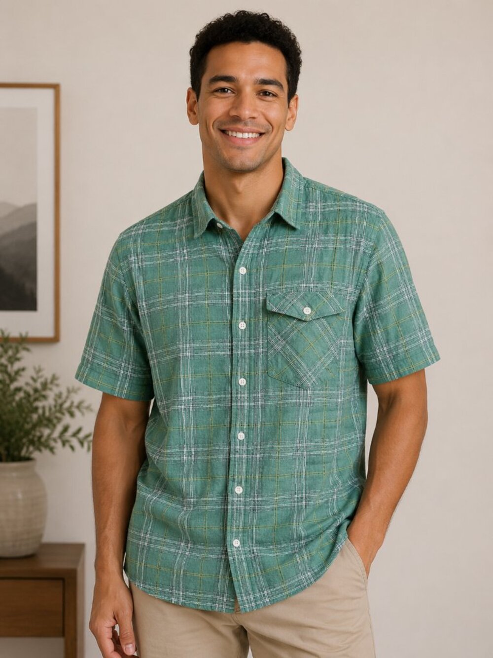 Columbia Men's Large Green Plaid Hiking Fishing Button-Up Camp Shirt Short